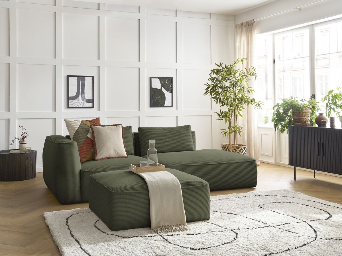 Canapé droit fixe 3 places LEOPOLD velours côtelé avec pouf