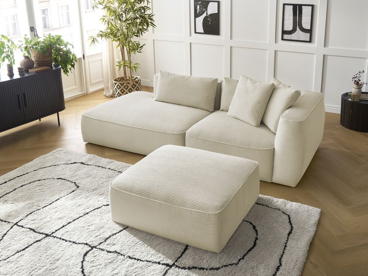 Canapé droit fixe 3 places LEOPOLD velours côtelé avec pouf