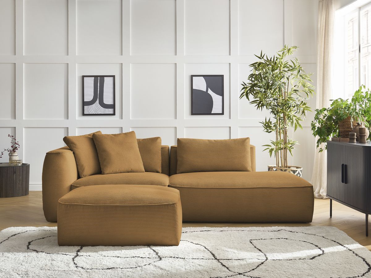 Canapé droit fixe 3 places LEOPOLD velours côtelé avec pouf