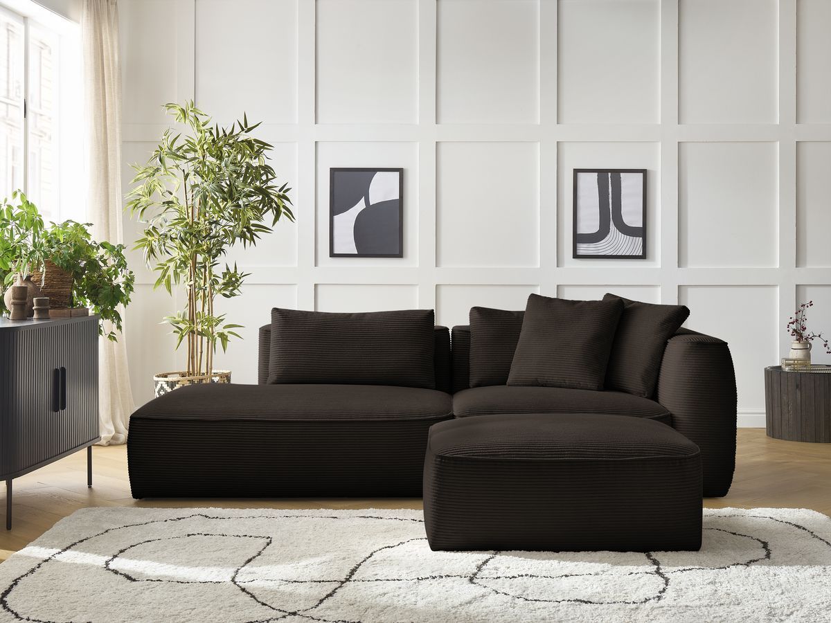 Canapé droit fixe 3 places LEOPOLD velours côtelé avec pouf