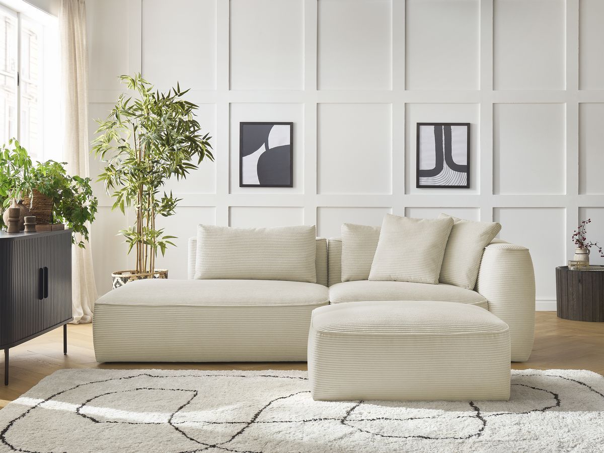 Canapé droit fixe 3 places LEOPOLD velours côtelé avec pouf