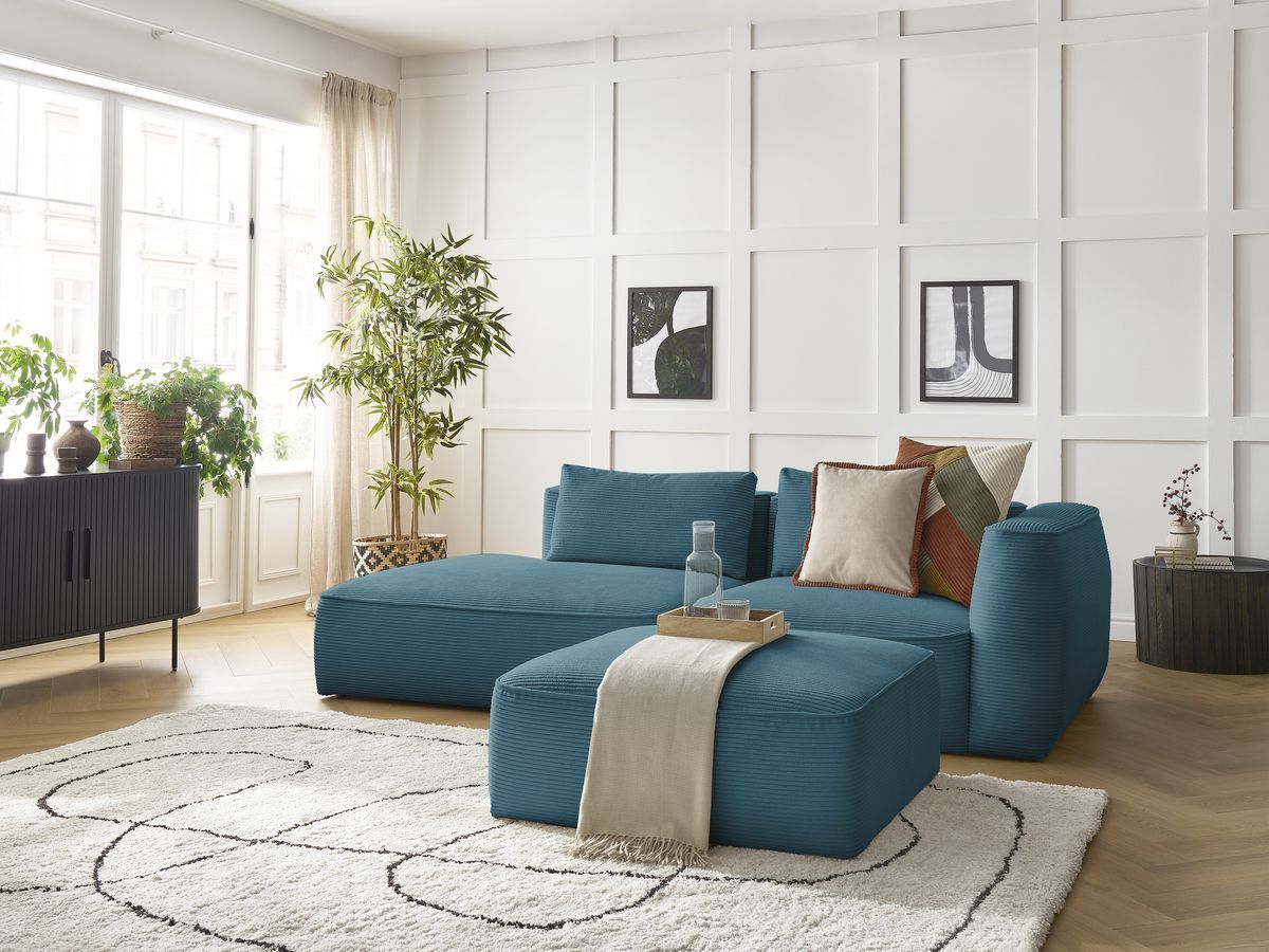 Canapé droit fixe 3 places LEOPOLD velours côtelé avec pouf