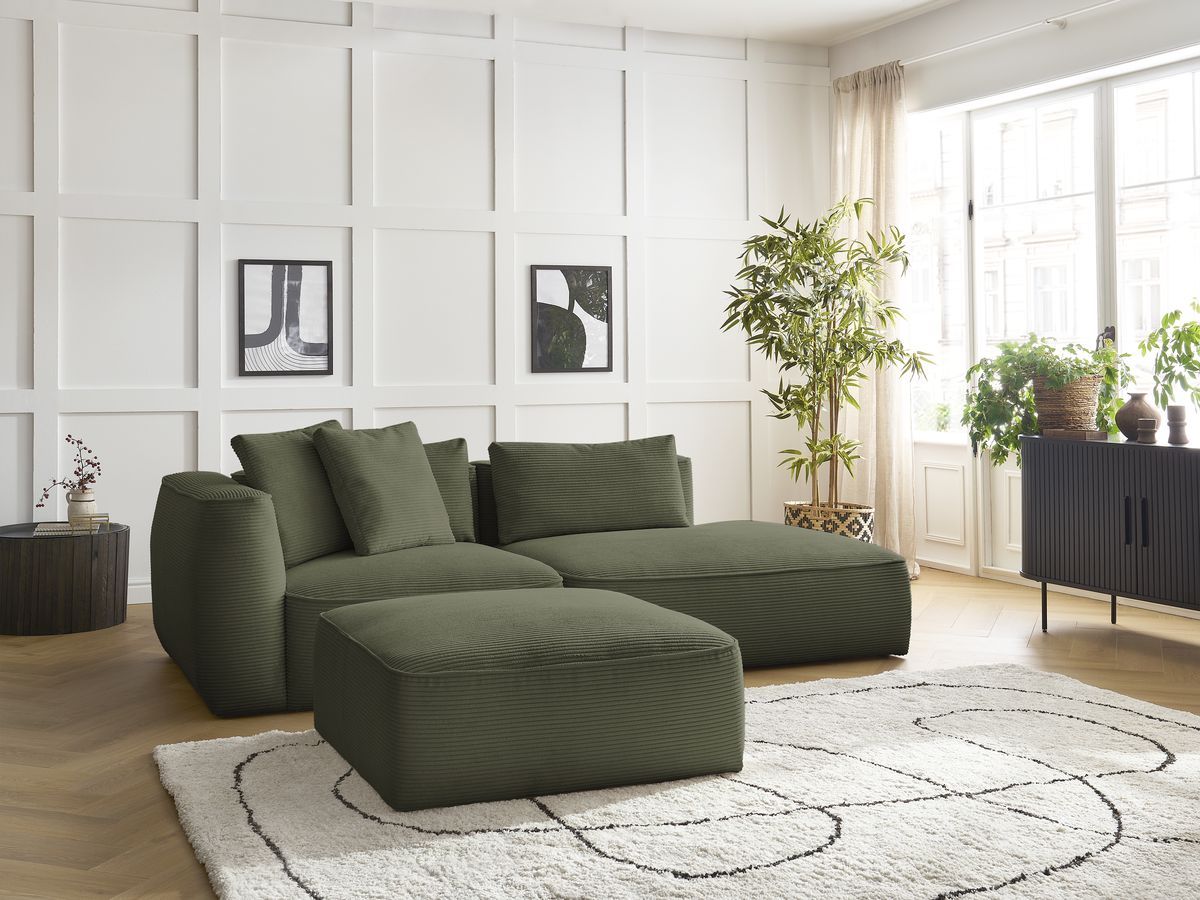 Canapé droit fixe 3 places LEOPOLD velours côtelé avec pouf