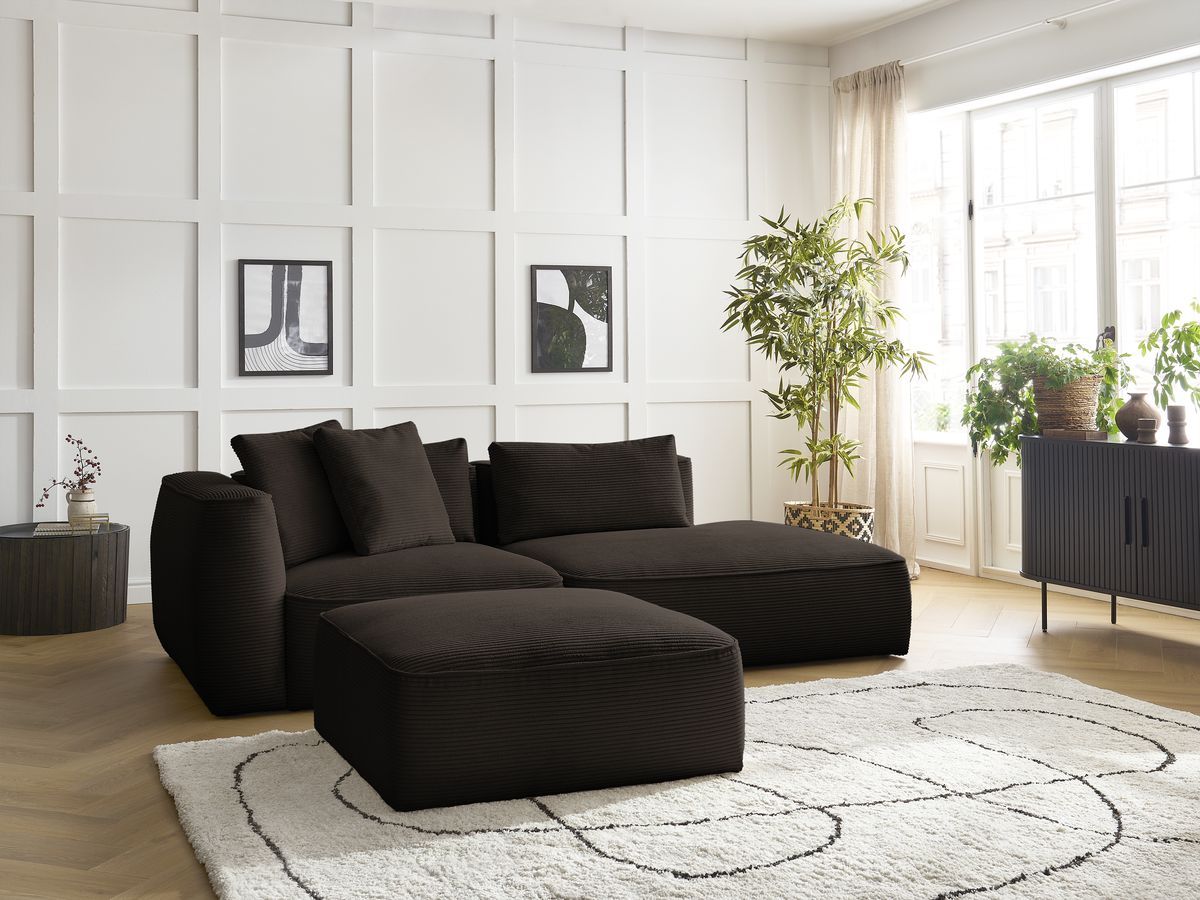 Canapé droit fixe 3 places LEOPOLD velours côtelé avec pouf