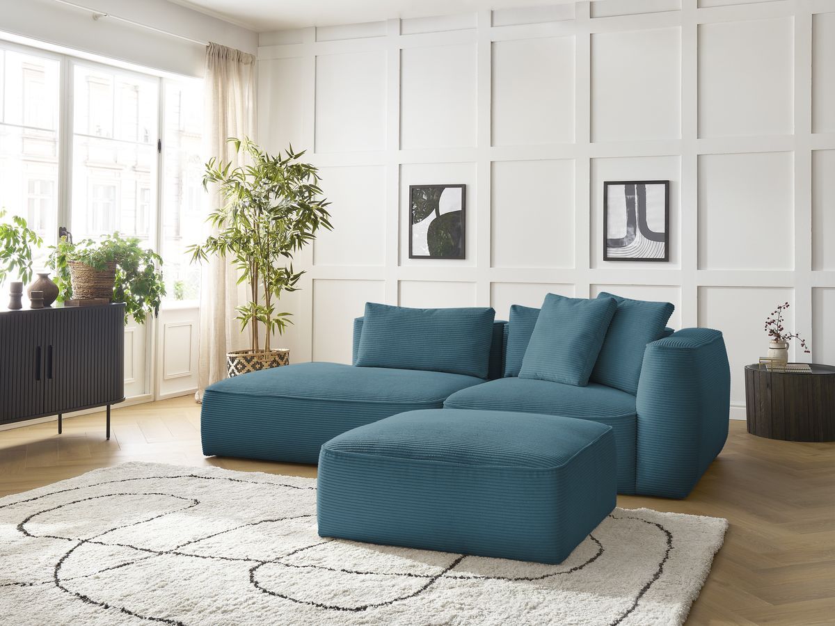 Canapé droit fixe 3 places LEOPOLD velours côtelé avec pouf