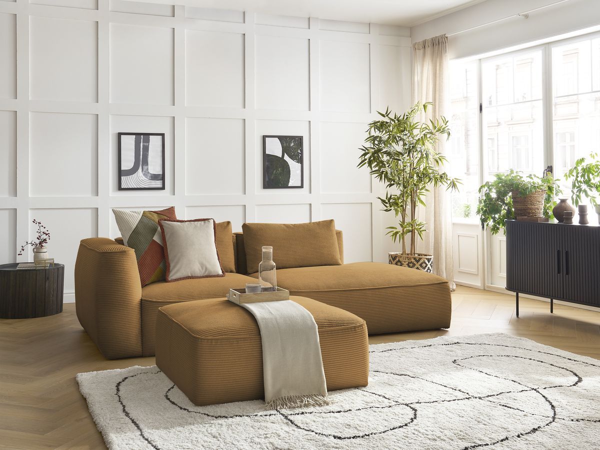 Canapé droit fixe 3 places LEOPOLD velours côtelé avec pouf