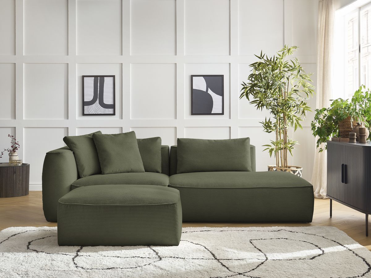 Canapé droit fixe 3 places LEOPOLD velours côtelé avec pouf