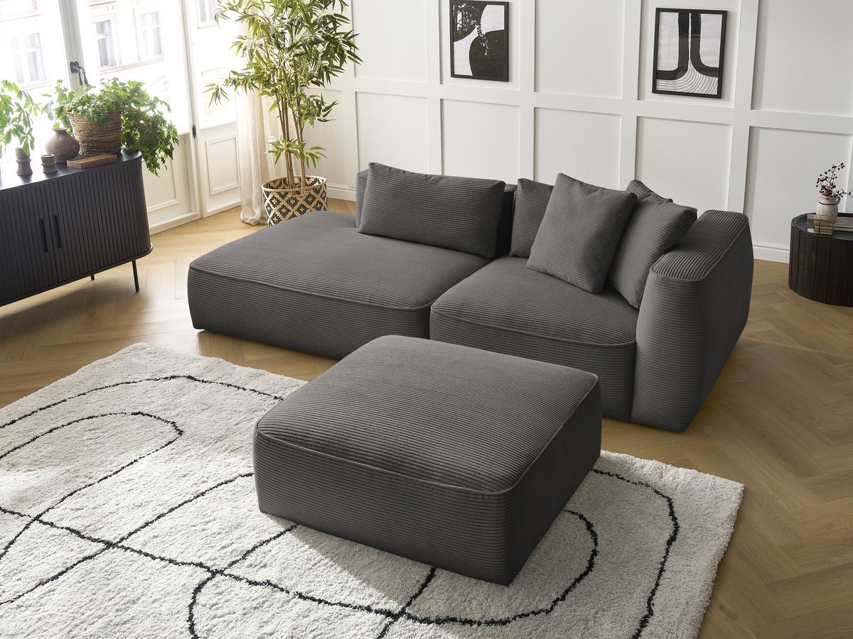 Canapé droit fixe 3 places LEOPOLD velours côtelé avec pouf