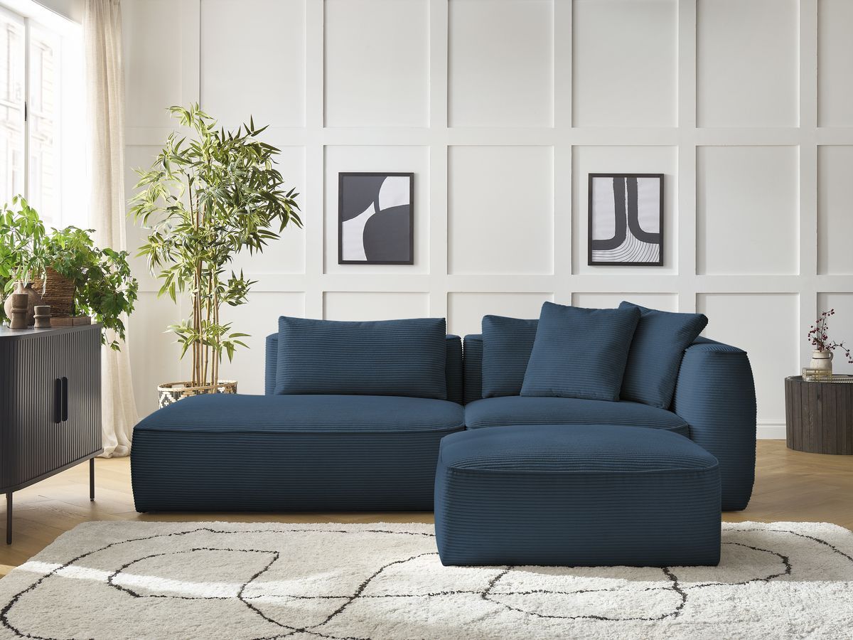 Canapé droit fixe 3 places LEOPOLD velours côtelé avec pouf