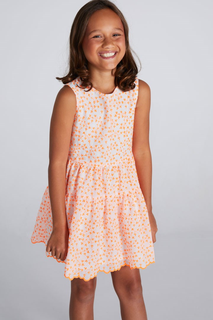 Dress Carina - White/Neon Orange Broderie
