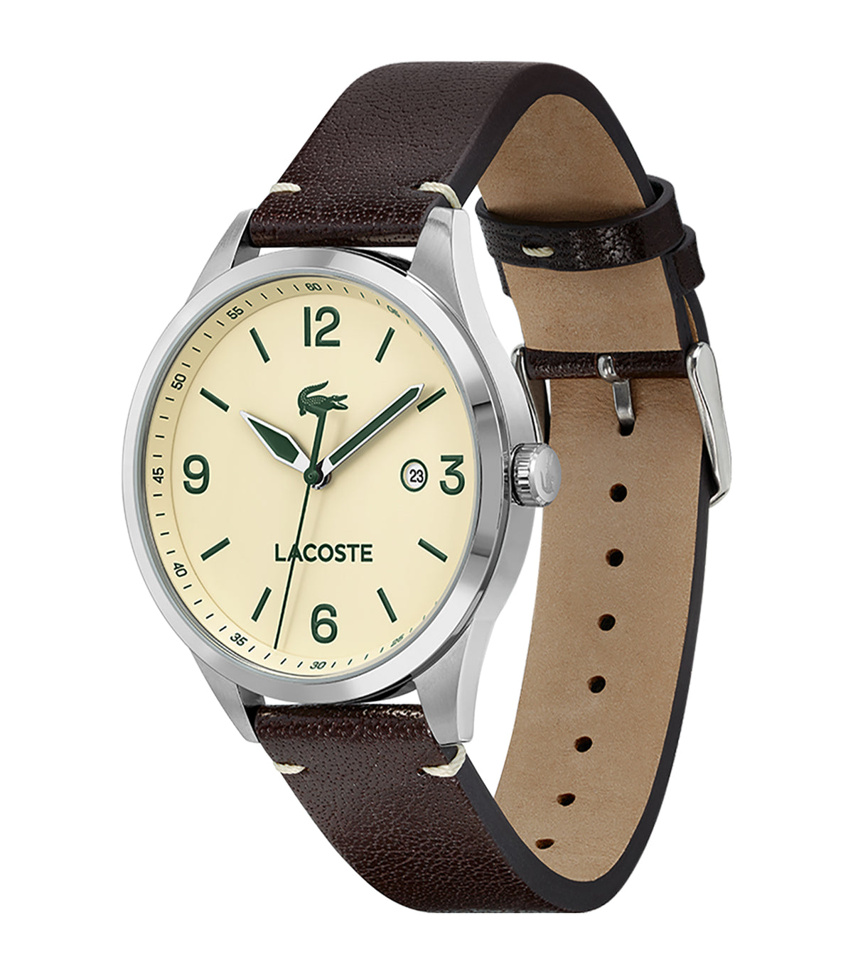 Lacoste - Classic Elegance - Man - Bruine Leren Band - Stalen Kast - Perkamenten Wijzerplaat