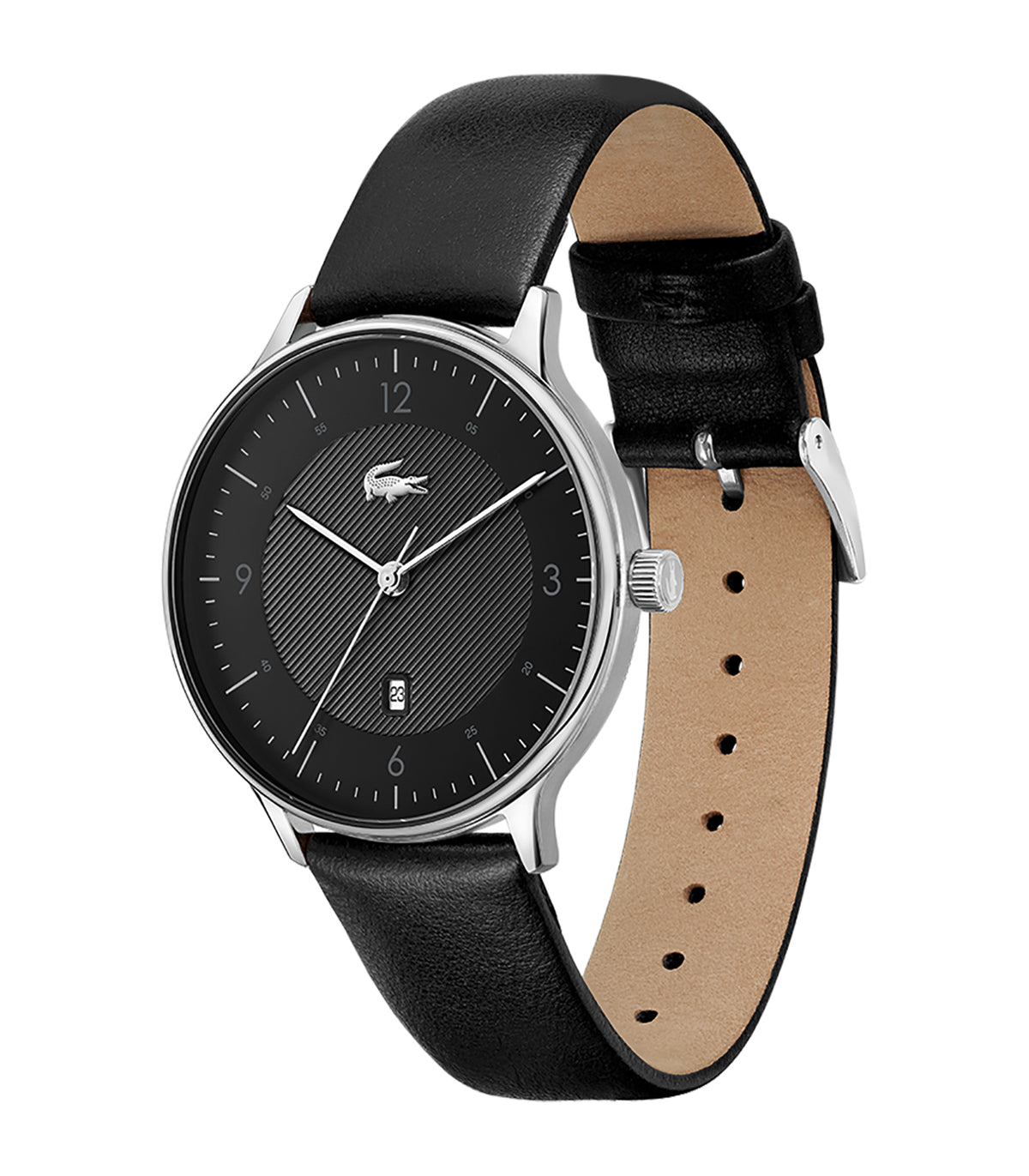 Lacoste - Classic Elegance - Man - Zwarte Leren Band - Stalen Kast - Zwarte Wijzerplaat