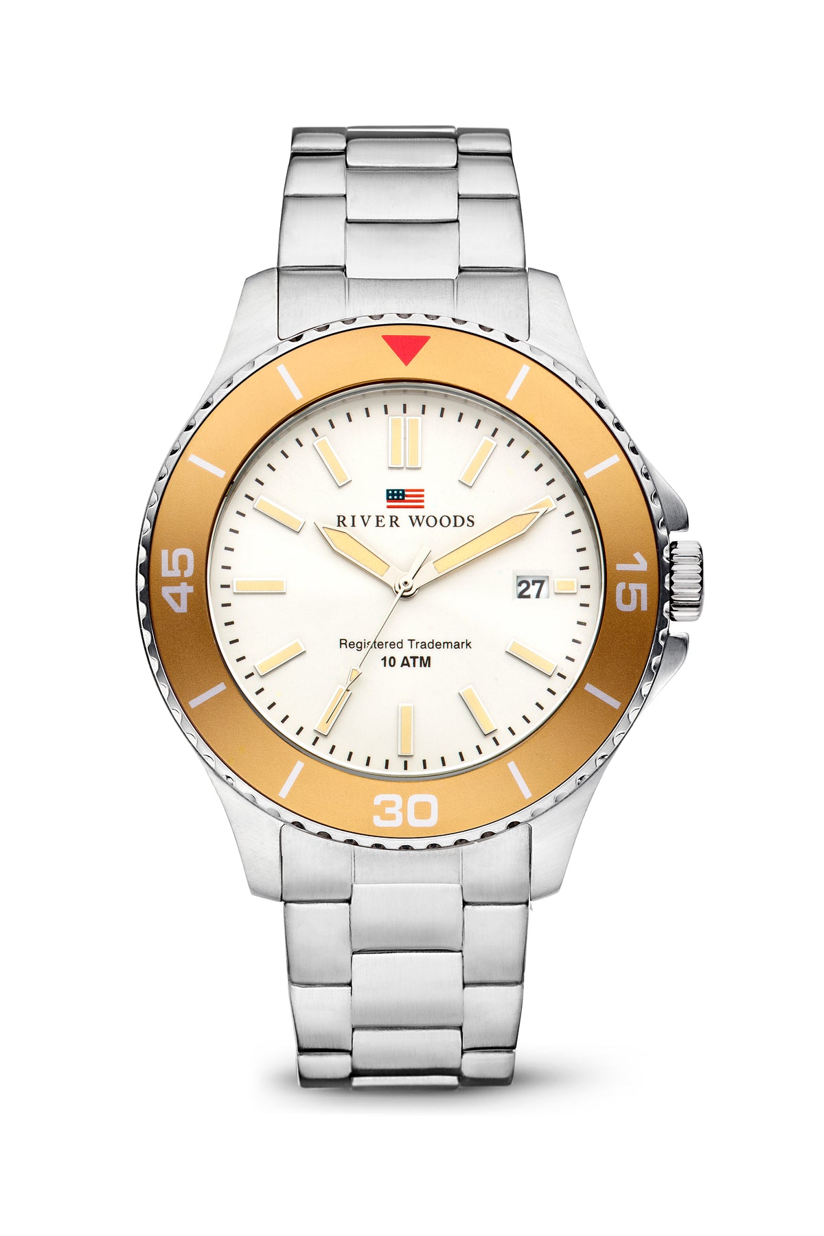 River Woods - Montana - Heren - Stalen Armband - Stalen Kast - Witte Wijzerplaat - Gouden Bezel