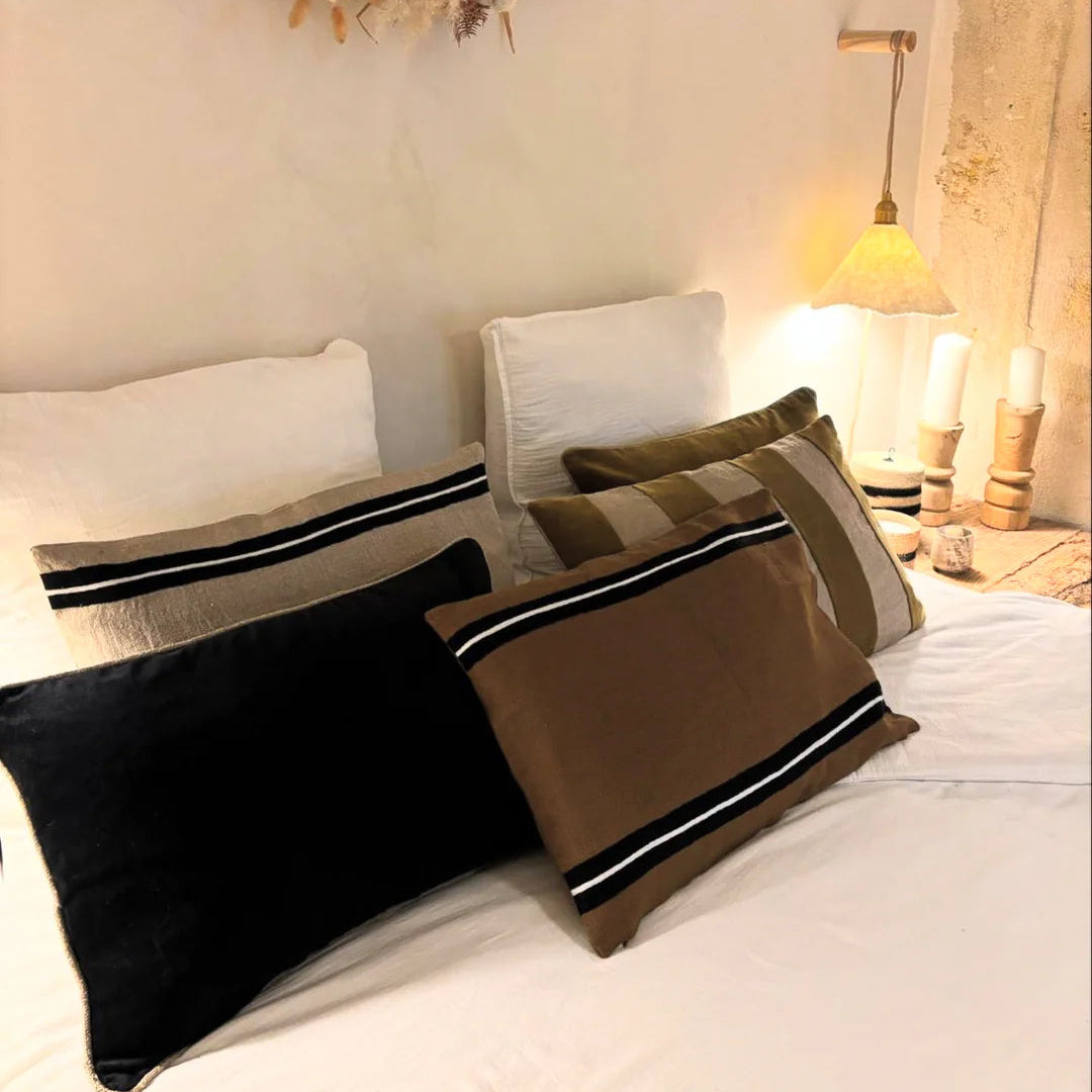 Housse De Coussin - Skagen En Lin Lavé Et Rayure Noire - Tabac