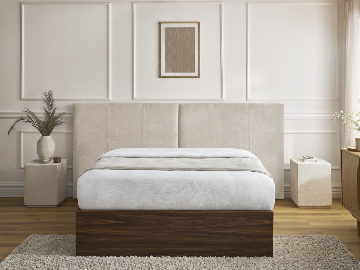 Lit coffre ALTIRA en bois foncé et tissu texturé