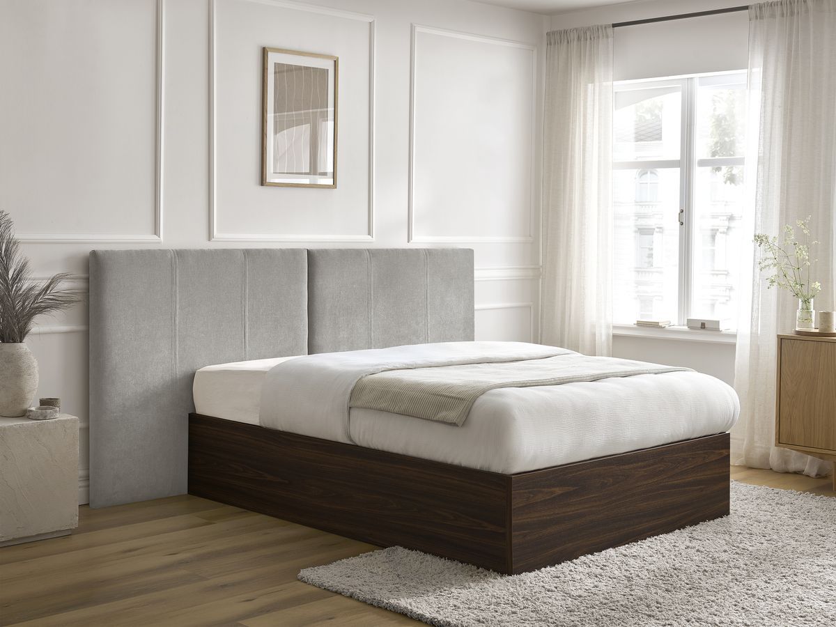 Lit coffre ALTIRA en bois foncé et tissu texturé