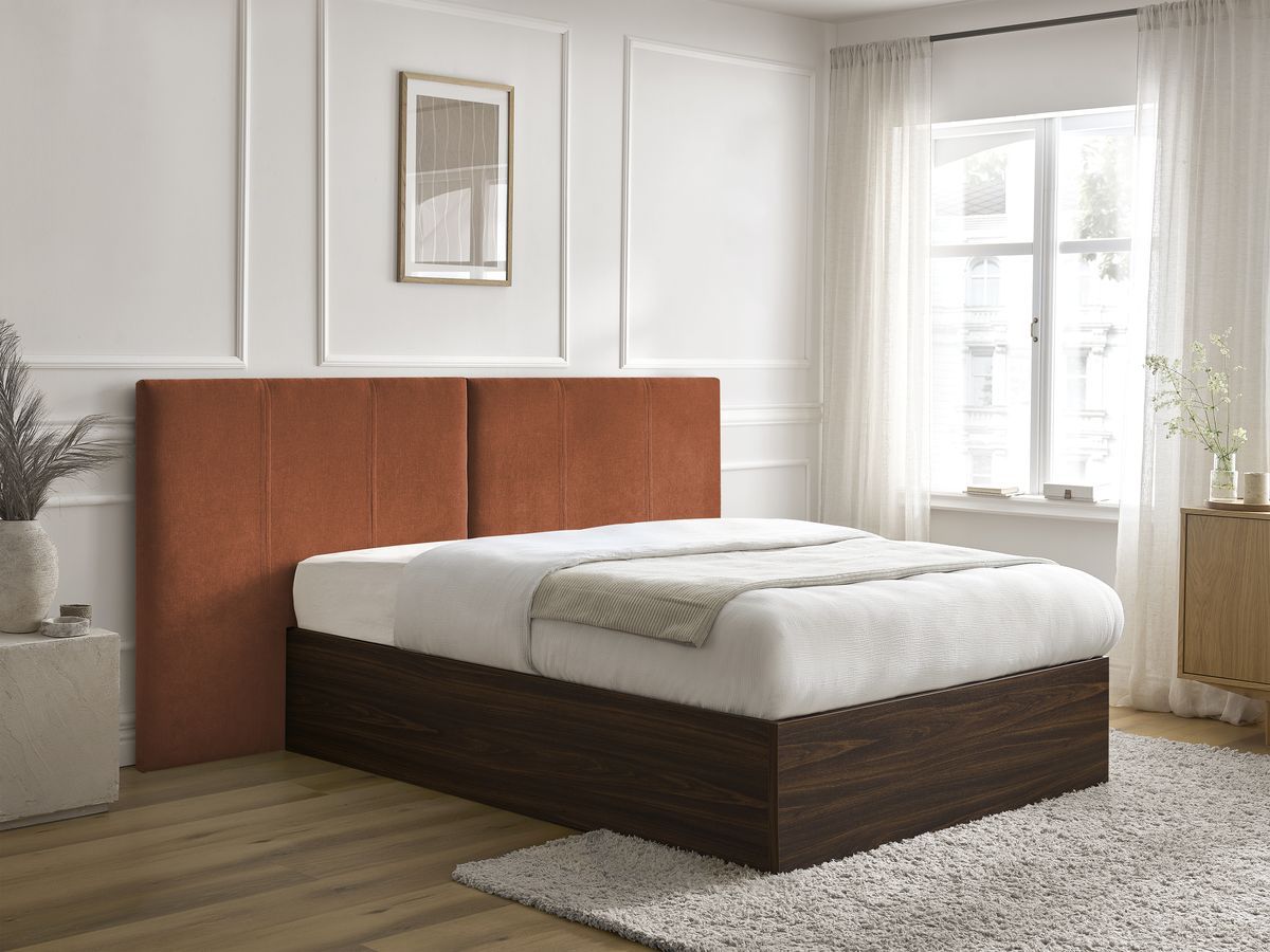 Lit coffre ALTIRA en bois foncé et tissu texturé