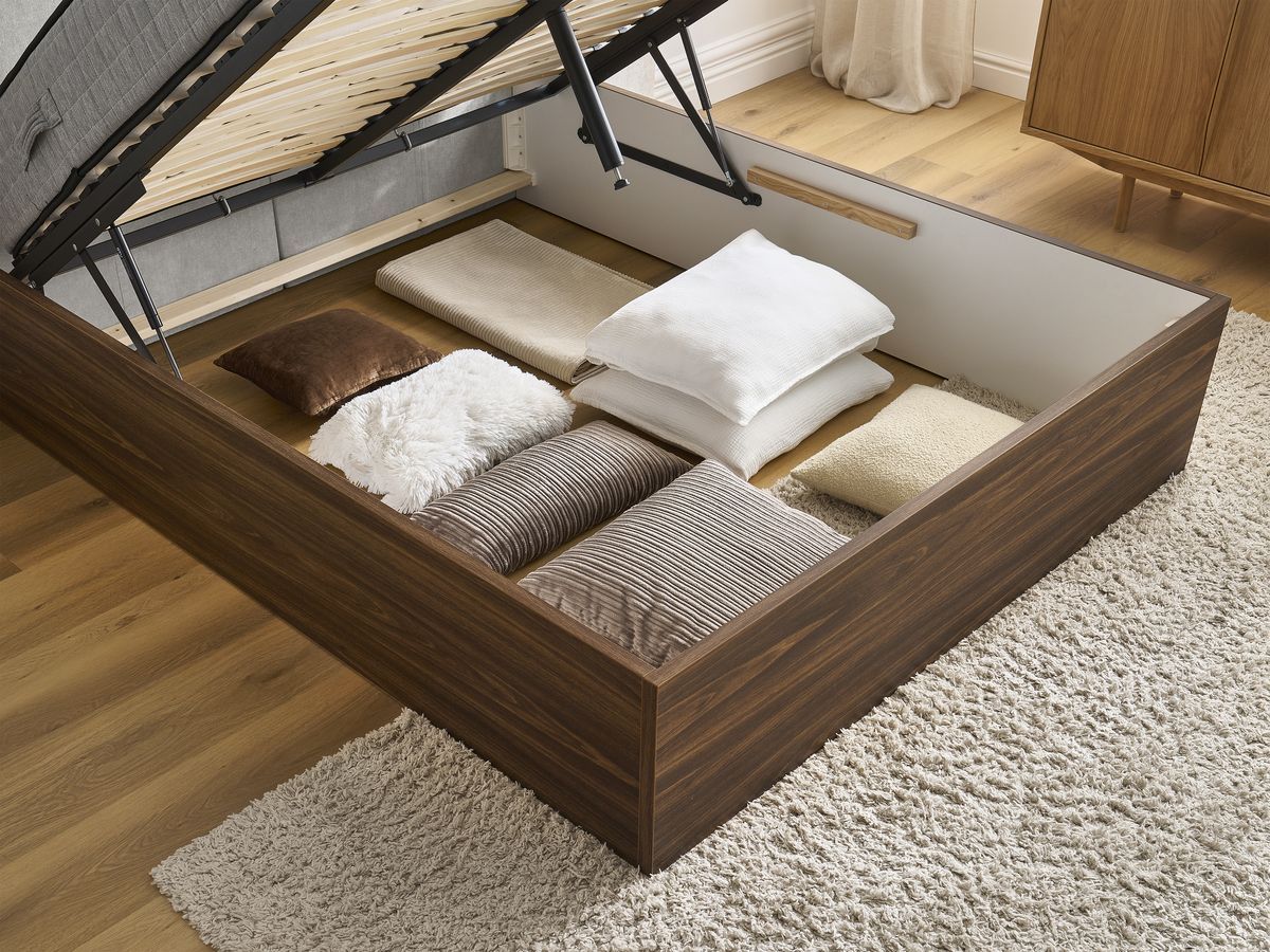 Lit coffre ALTIRA en bois foncé et tissu texturé