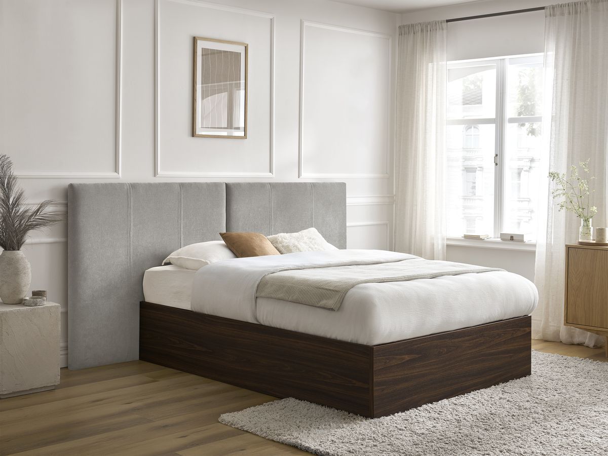 Lit coffre ALTIRA en bois foncé et tissu texturé