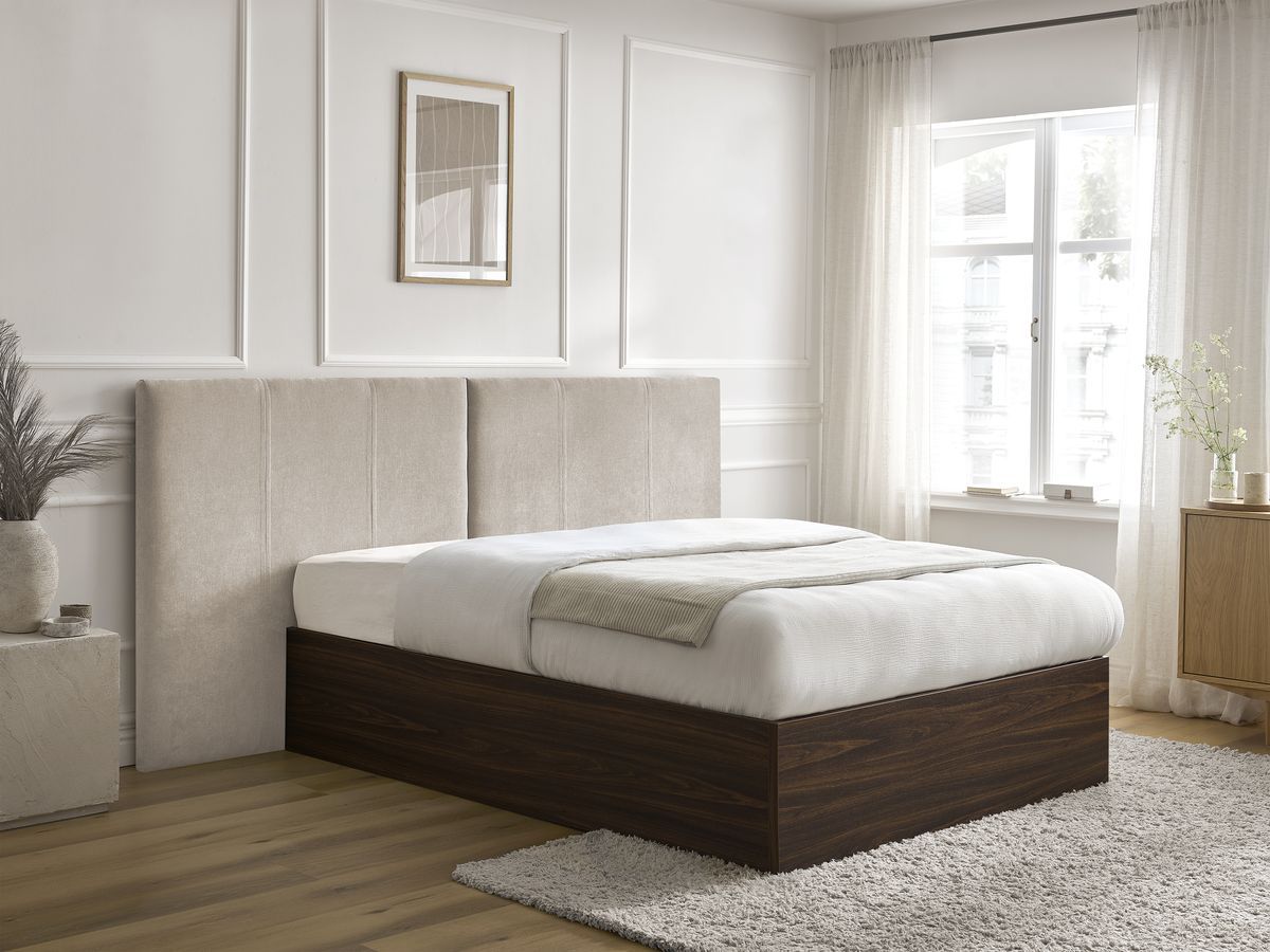Lit coffre ALTIRA en bois foncé et tissu texturé