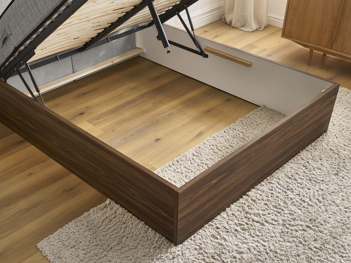 Lit coffre ALTIRA en bois foncé et tissu texturé