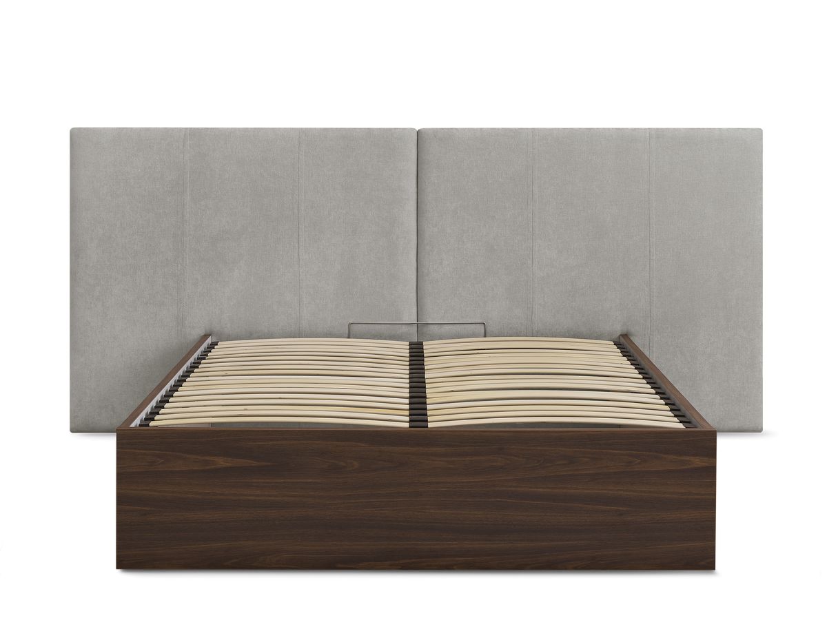 Lit coffre ALTIRA en bois foncé et tissu texturé