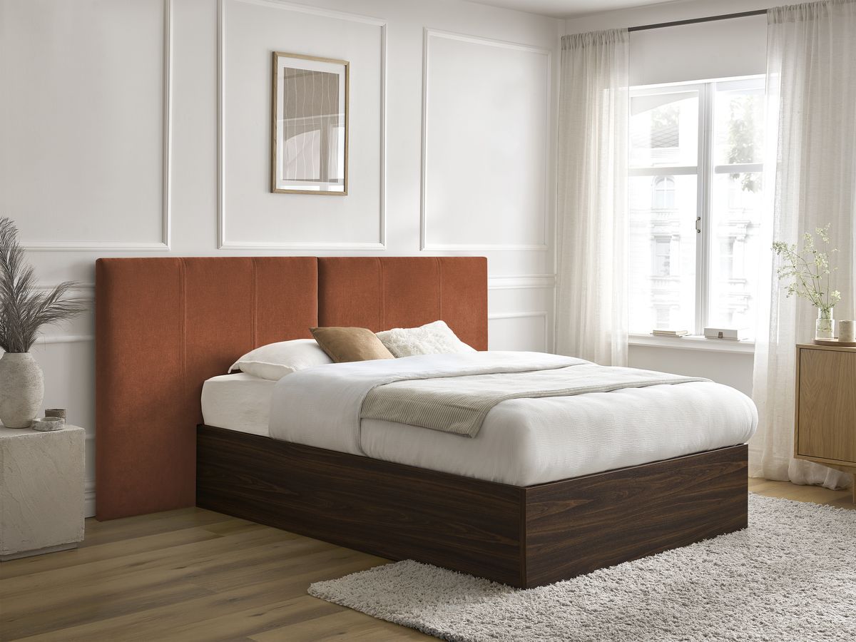 Lit coffre ALTIRA en bois foncé et tissu texturé
