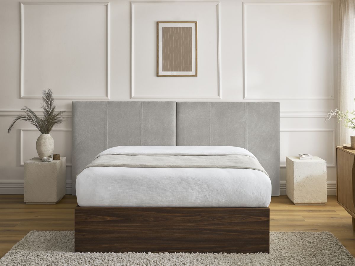 Lit coffre ALTIRA en bois foncé et tissu texturé