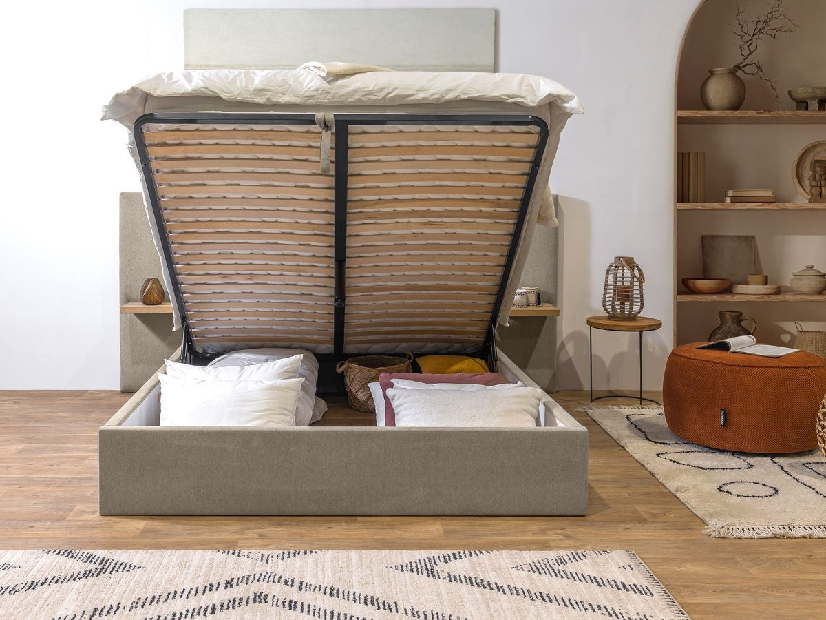 Lit coffre BLANDINE tissu texturé avec tablettes chevets