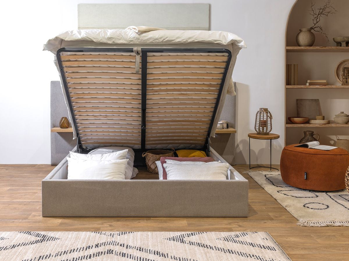 Lit coffre BLANDINE tissu texturé avec tablettes chevets
