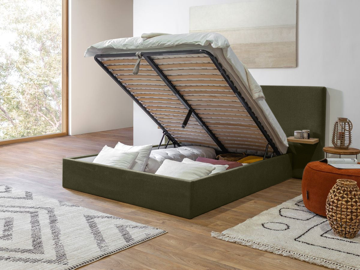 Lit coffre BLANDINE tissu texturé avec tablettes chevets