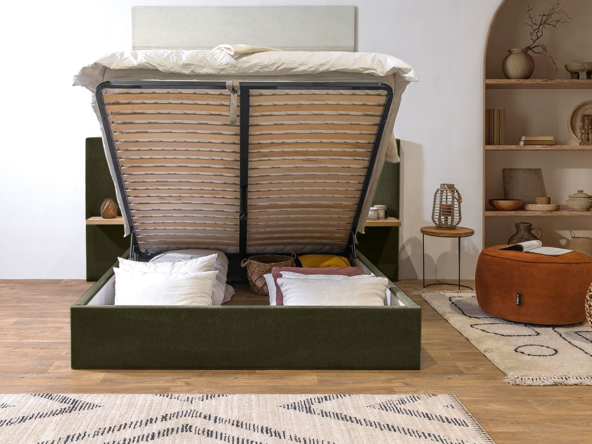 Lit coffre BLANDINE tissu texturé avec tablettes chevets