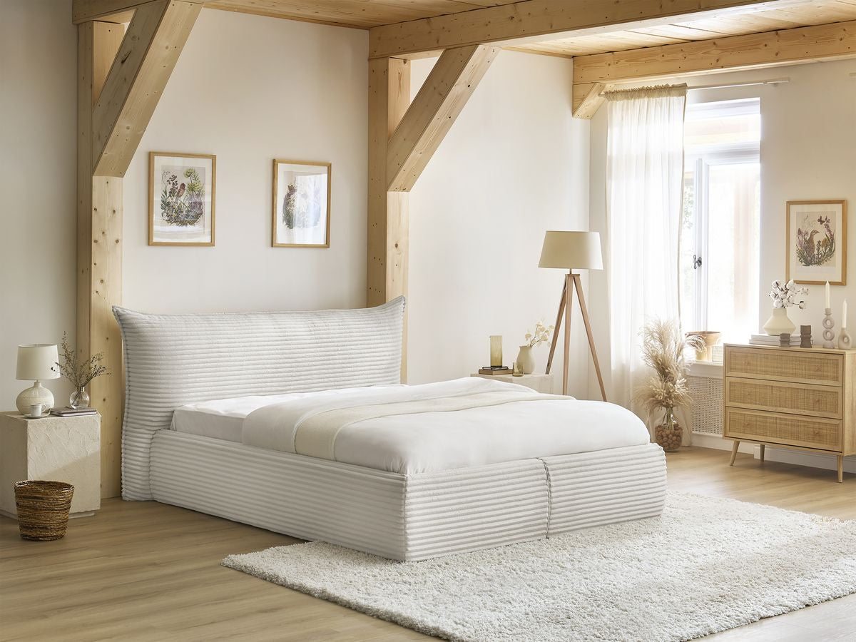 Lit coffre JADE avec tête de lit effet oreiller gros côtelé doux