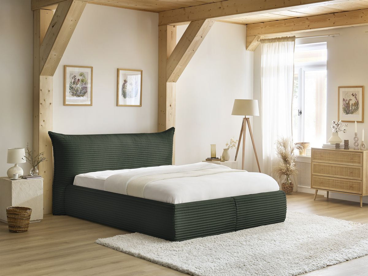 Lit coffre JADE avec tête de lit effet oreiller gros côtelé doux