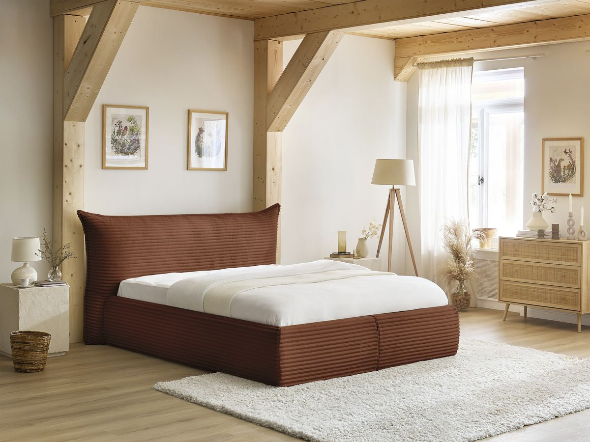 Lit coffre JADE avec tête de lit effet oreiller gros côtelé doux