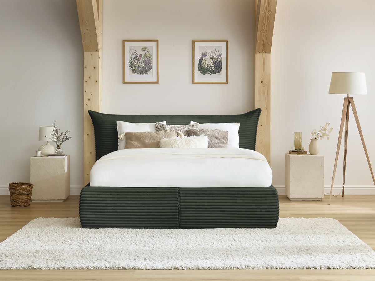 Lit coffre JADE avec tête de lit effet oreiller gros côtelé doux
