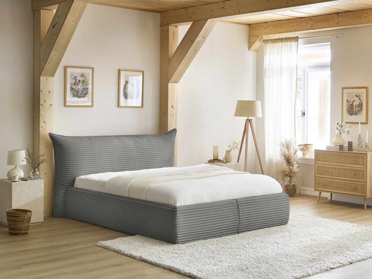 Lit coffre JADE avec tête de lit effet oreiller gros côtelé doux