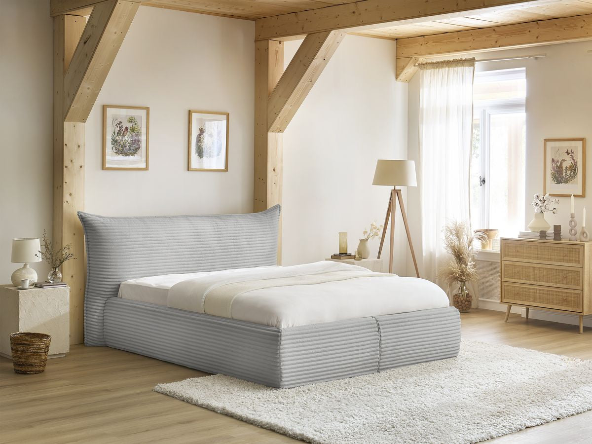 Lit coffre JADE avec tête de lit effet oreiller gros côtelé doux
