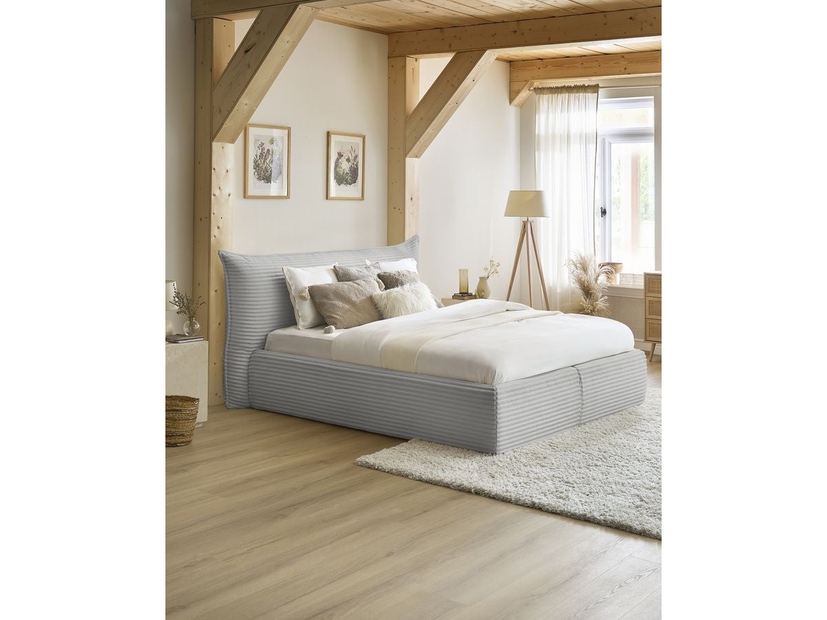 Lit coffre JADE avec tête de lit effet oreiller gros côtelé doux