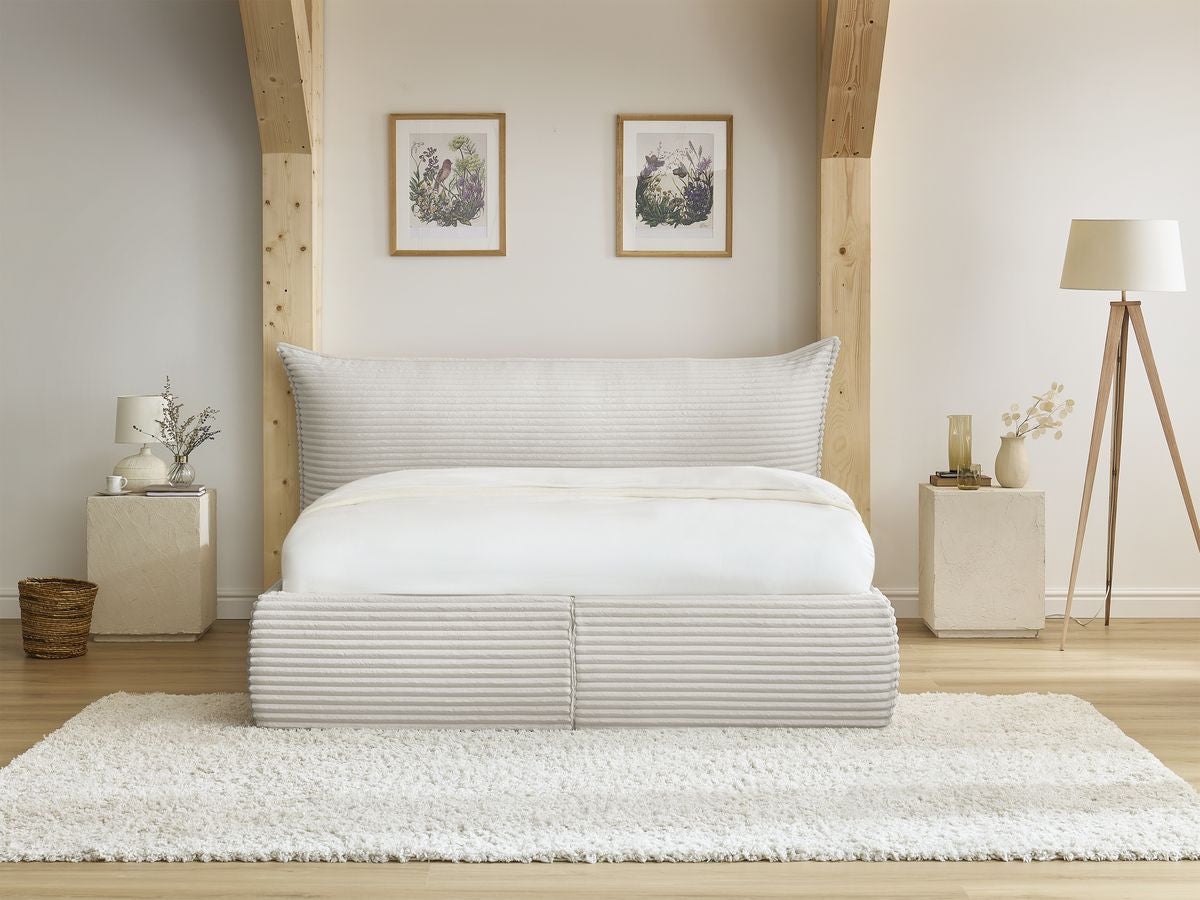 Lit coffre JADE avec tête de lit effet oreiller gros côtelé doux
