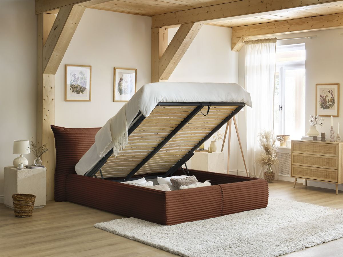 Lit coffre JADE avec tête de lit effet oreiller gros côtelé doux