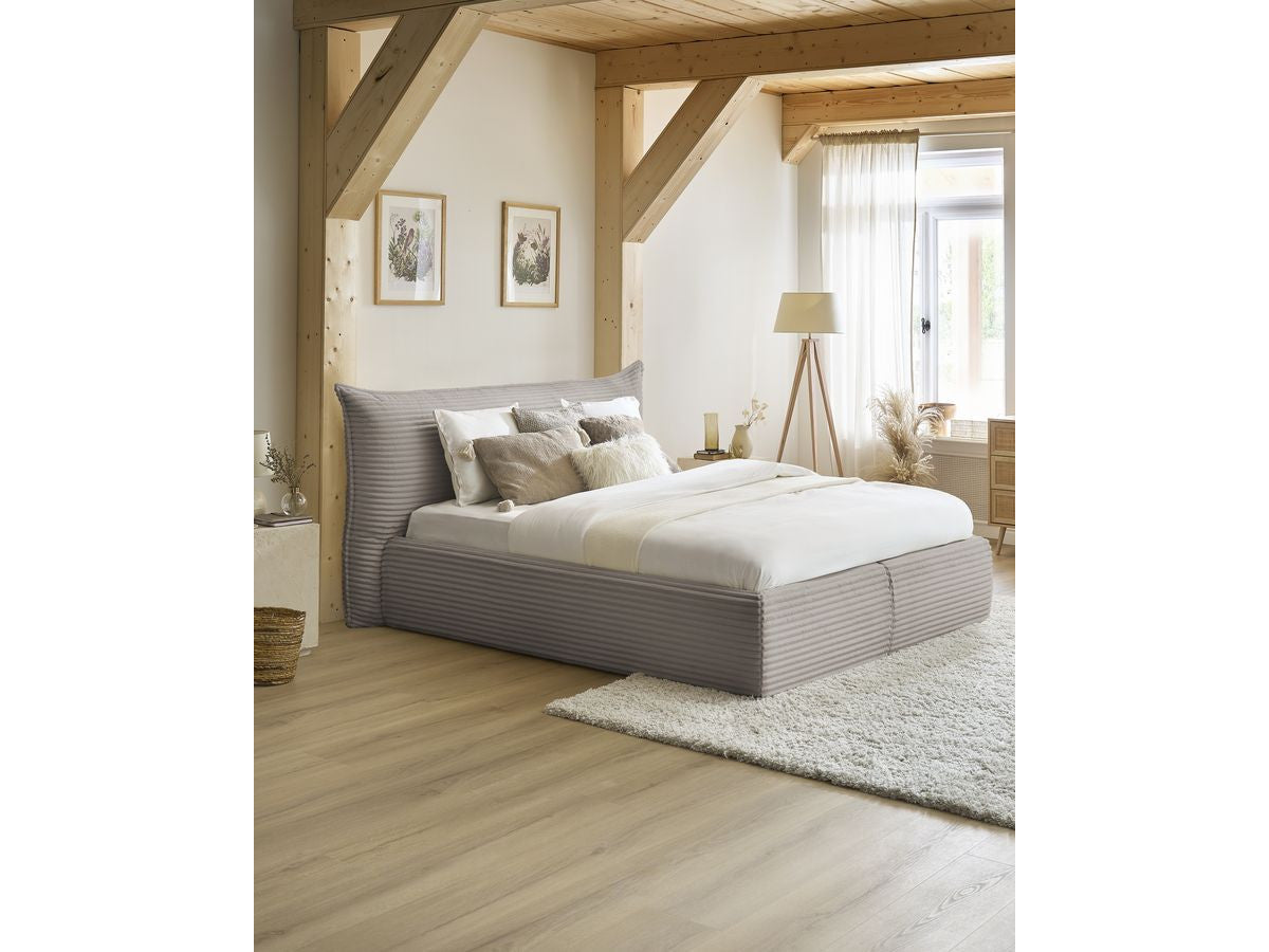 Lit coffre JADE avec tête de lit effet oreiller gros côtelé doux