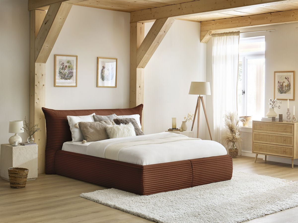 Lit coffre JADE avec tête de lit effet oreiller gros côtelé doux