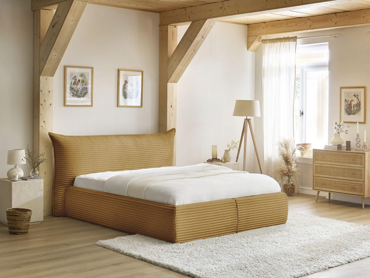 Lit coffre JADE avec tête de lit effet oreiller gros côtelé doux