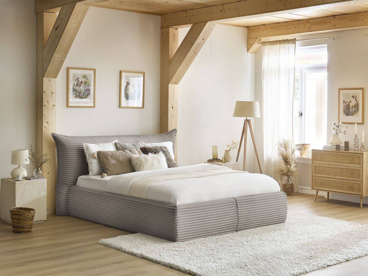 Lit coffre JADE avec tête de lit effet oreiller gros côtelé doux