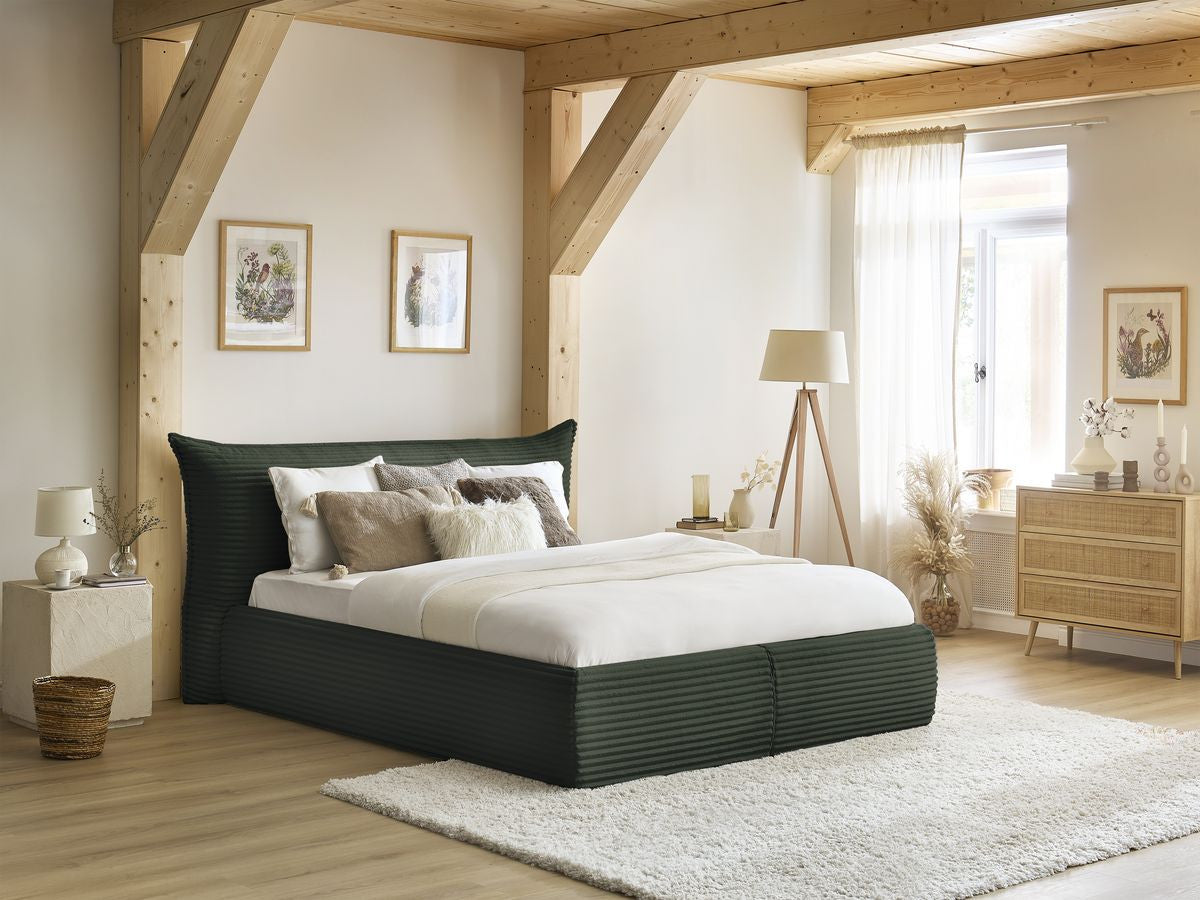Lit coffre JADE avec tête de lit effet oreiller gros côtelé doux