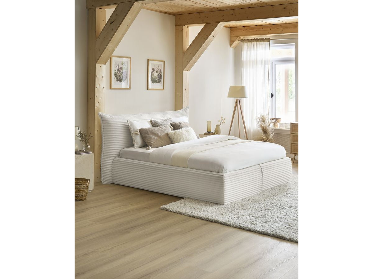 Lit coffre JADE avec tête de lit effet oreiller gros côtelé doux