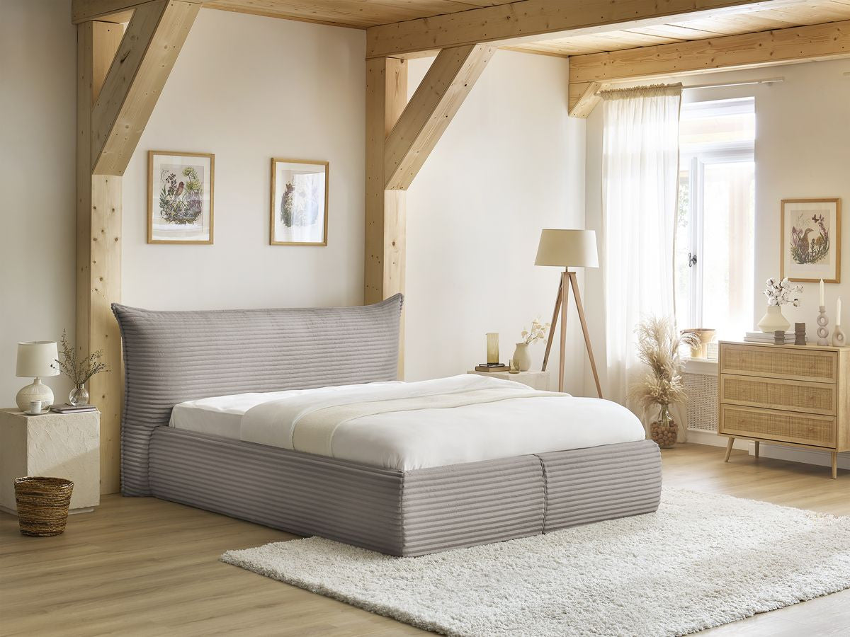Lit coffre JADE avec tête de lit effet oreiller gros côtelé doux