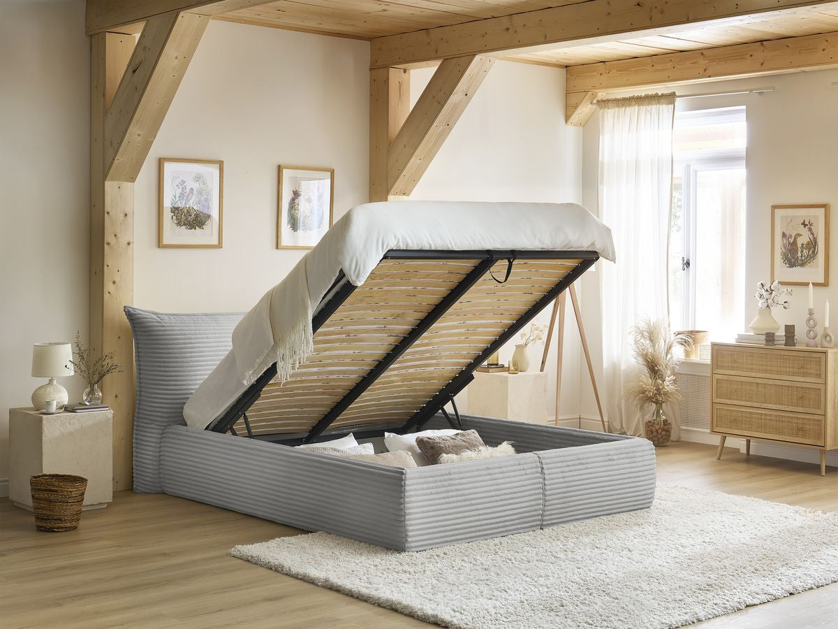 Lit coffre JADE avec tête de lit effet oreiller gros côtelé doux
