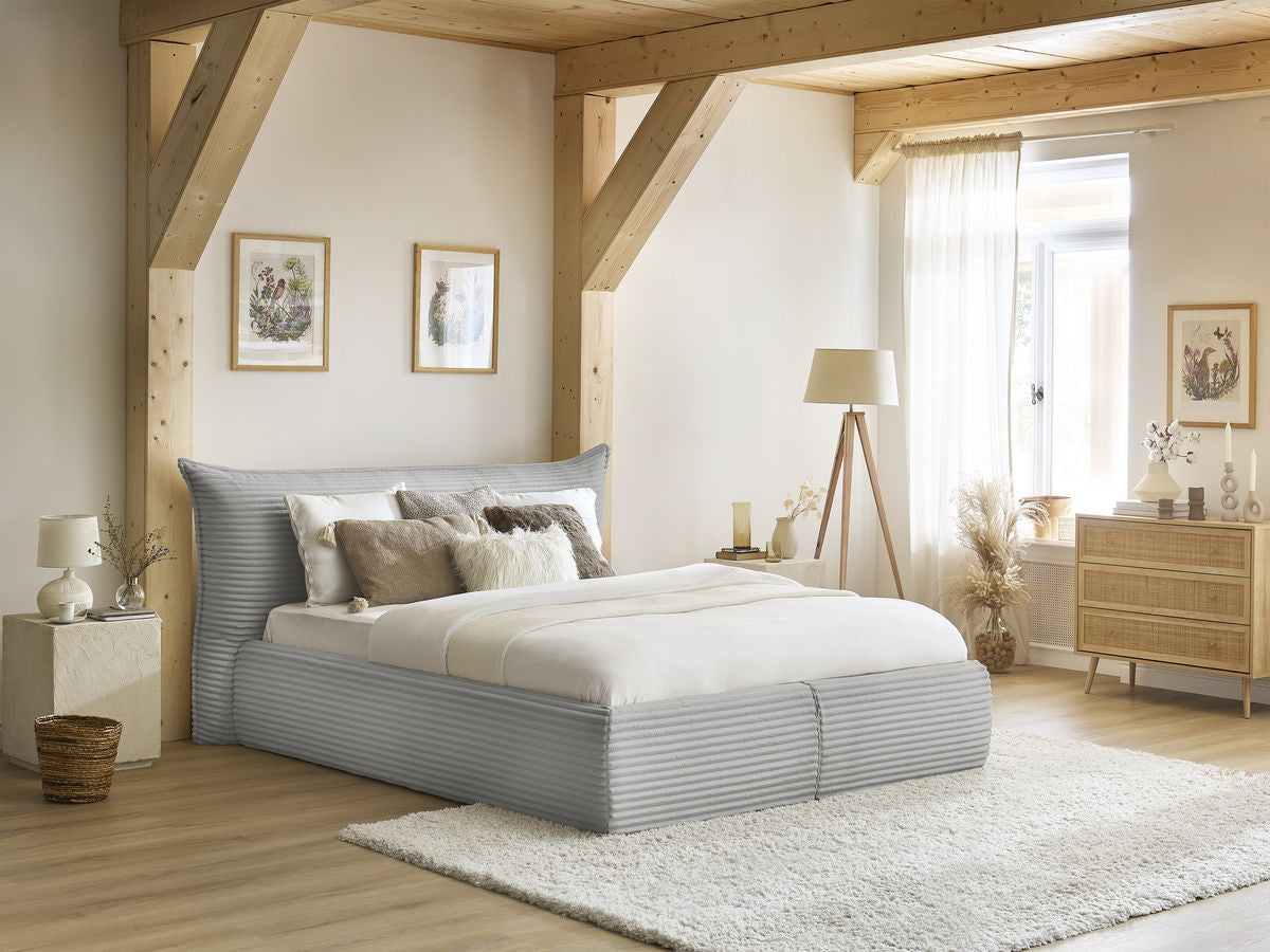 Lit coffre JADE avec tête de lit effet oreiller gros côtelé doux